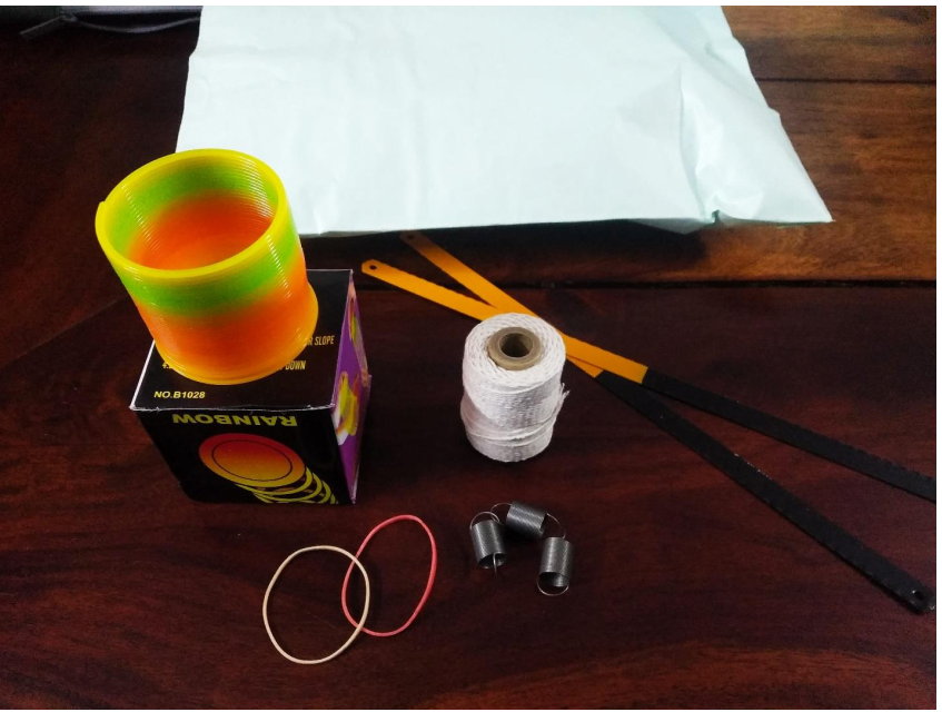 The entire course was done with these materials sent to each of the 20 students in the course in Jan 2021:2 hacksaw blades1 slinky2 rubber bands6m string3 springs. All together--less than 400Rs (with shipping) (Students needed a phone that could record too)