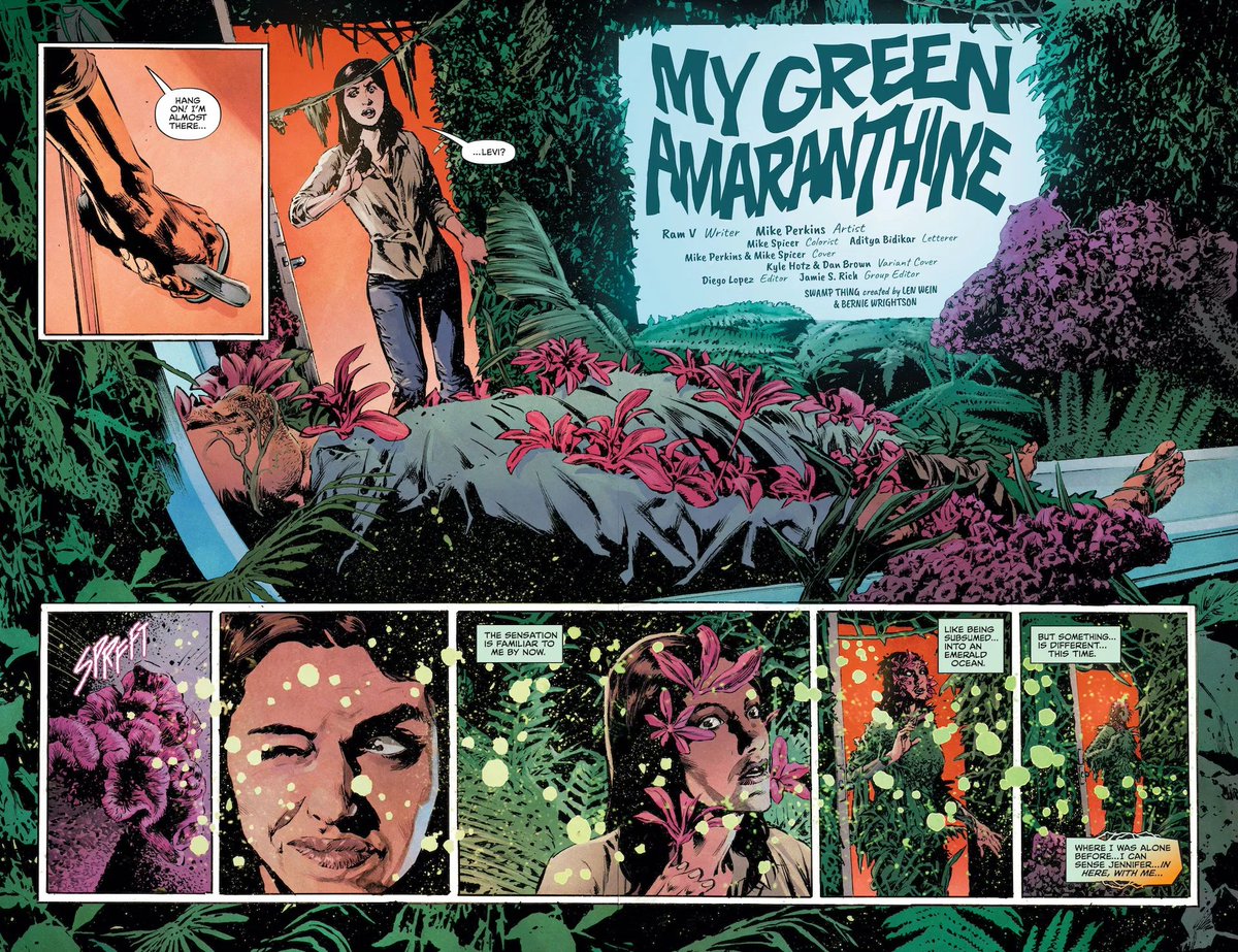 therightram's tweet photo. Preview pages for The Swamp Thing #3 are out! &amp; they are nuts! I am so thrilled with how this issue's turned out. Can't wait for you all to read it. Issue is in stores next week from @DCComics 
Writing me
Art Mike Perkins
Colours @SpicerColor 
Letters @adityab 
Edits Diego Lopez https://t.co/7HUGYsW61m