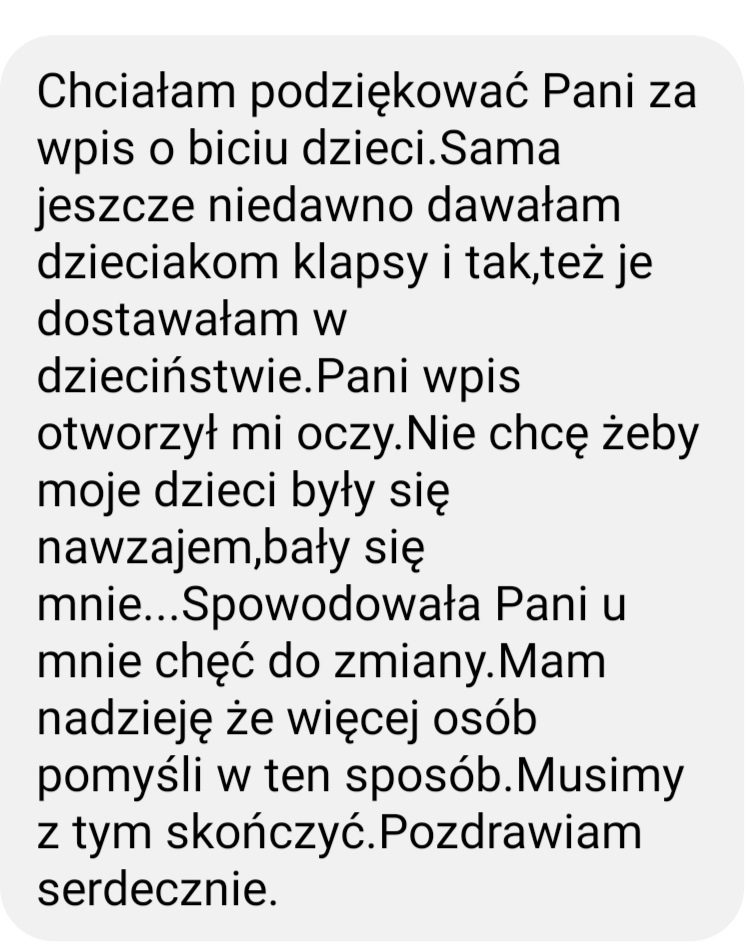 Niezkrwiazduszy's tweet photo. Wczoraj opublikowałam tu i na FB mój post blogowy o klapsach. Dziś dostałam najpiękniejszą wiadomość ever 😍

#klaps #przemoc #kids https://t.co/d4KCoiCzP8