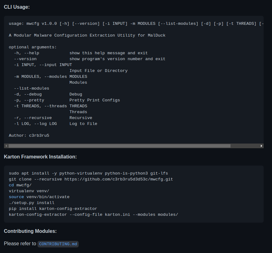 c3rb3ru5d3d53c's tweet photo. Introducing #mwcfg, a feature full #MalDuck #malware configuration extractor CLI utility.
Feel free to contribute your own modules/extractors.
Works with #mwdb #karton #framework.
Special thanks to @CERT_Polska!
https://t.co/O26qJEQaLW
https://t.co/iVYTPSuEmE https://t.co/yniEe4kcFy