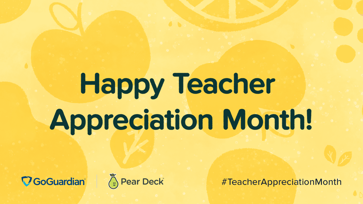 Teachers — you deserve more than a week of celebration, so we'll be appreciating you all month long! 🎉 To start the celebration, we're giving away five <a href="/PearDeck/">Pear Deck Learning</a> + #GoGuardian swag packs! 

Just RT this post to enter!🍎 #TeacherAppreciation