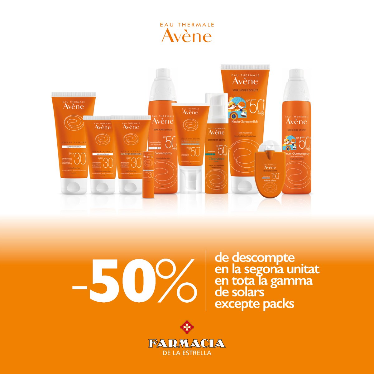 delaestrellabcn's tweet photo. 👉 ¡No te pierdas la oferta de Avene que tenemos en #farmaciadelaestrella! Durante el mes de mayo 50% de descuento en la 2a unidad de protectores solares de Avene 🌞🌞🌞
.
No acumulable a otras ofertas ni packs promocionales.
#farmacia #Barcelona #offer #avene #sun #bloqueador https://t.co/o4m8r0rev2