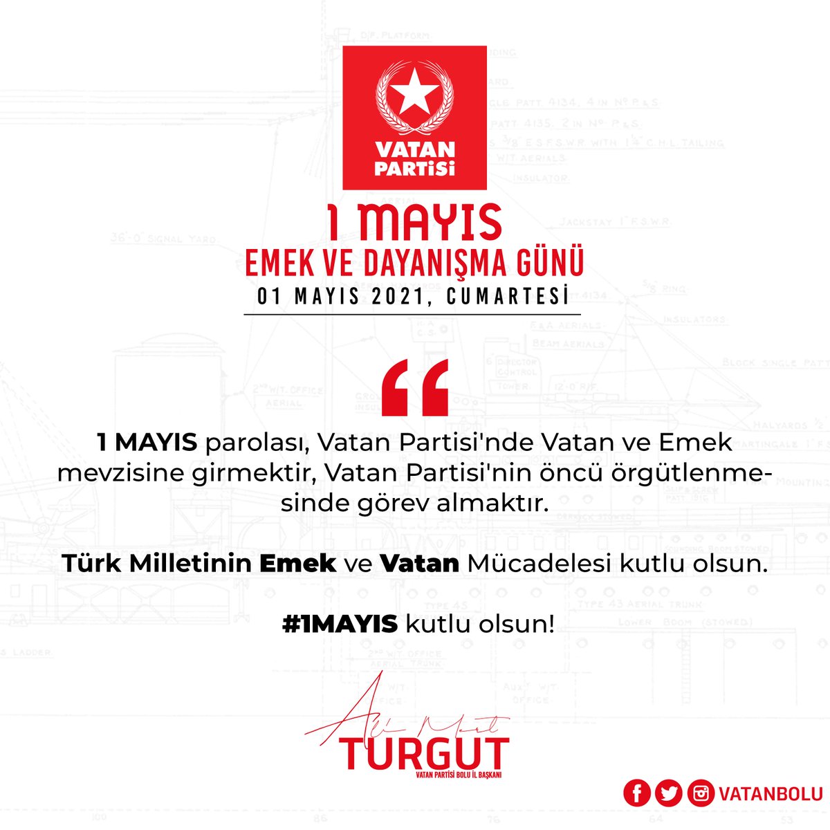 1 MAYIS parolası, Vatan Partisi'nde Vatan ve Emek mevzisine girmektir, Vatan Partisi'nin öncü örgütlenmesinde görev almaktır.

Türk Milletinin Emek ve Vatan Mücadelesi kutlu olsun.
 #1MAYIS kutlu olsun!