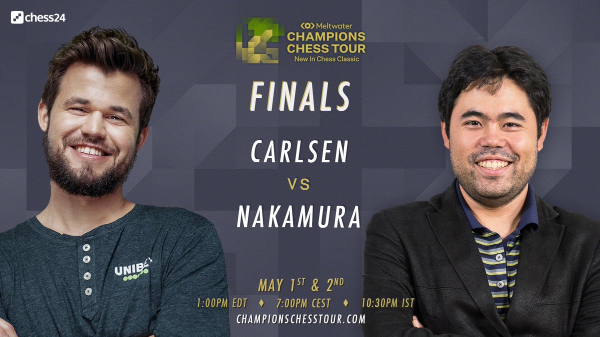 Hikaru Nakamura on X: Match 1 in the #NewInChess Finals against Magnus  today. Starts at 10AM PT / 1PM ET / 7PM CET / 10:30PM IST #ChessChamps    / X