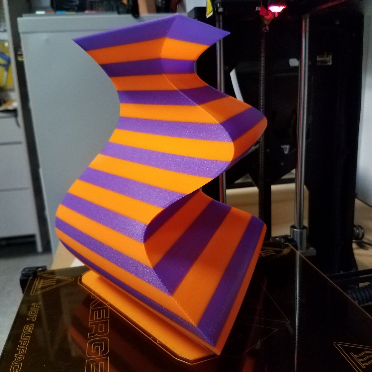 Done! I wasn't sure if I could pull this off without supports. I debated several different options within my slicer along the way. Should have tagged  @Simplify3D too!It's hollow. Hopefully it won't fall apart taking it off the bed and raft... #3DPrinting