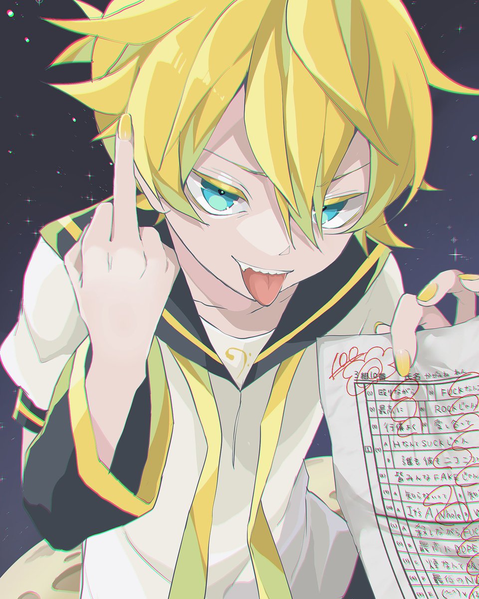 kagamine len bass clef male focus blonde hair 1boy tongue tongue out sailor collar  illustration images