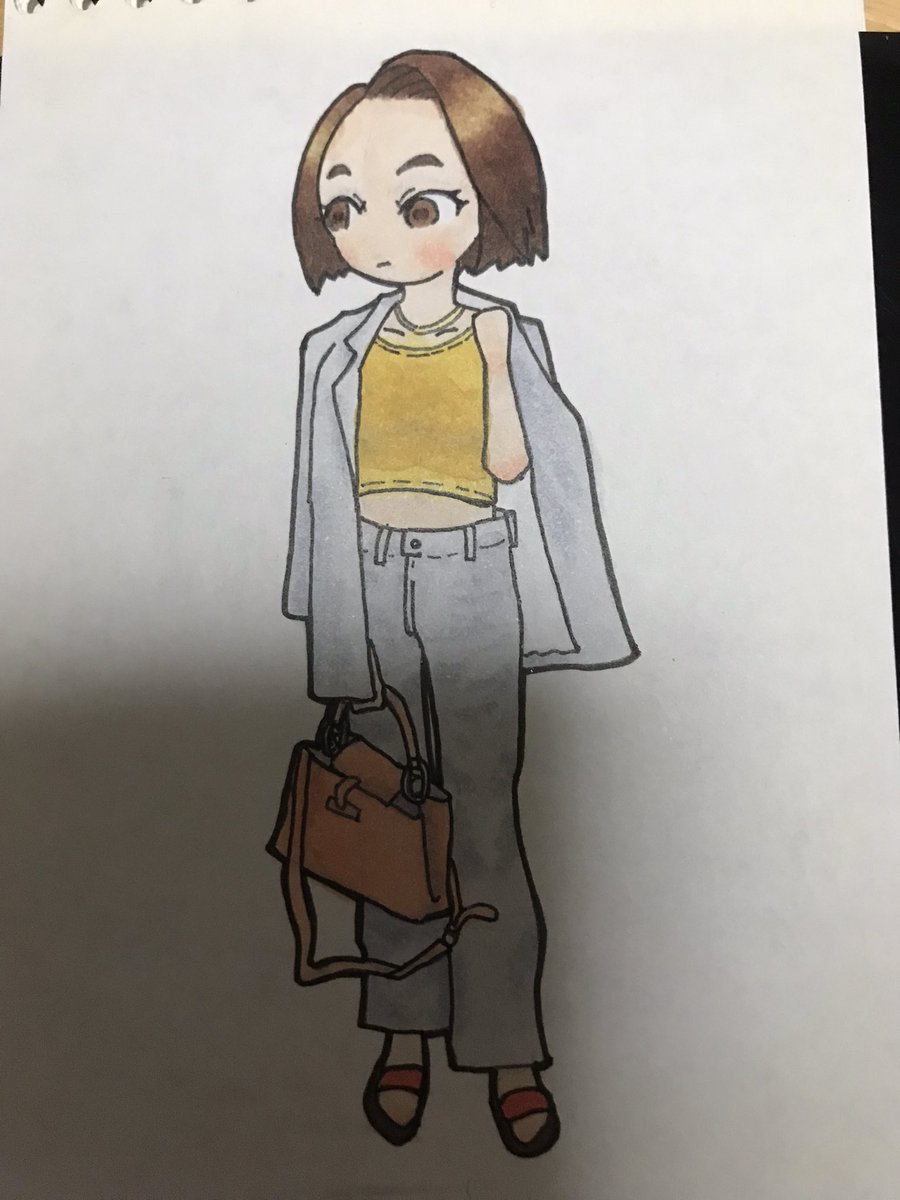 1girl solo brown hair brown eyes bag pants jacket on shoulders  illustration images