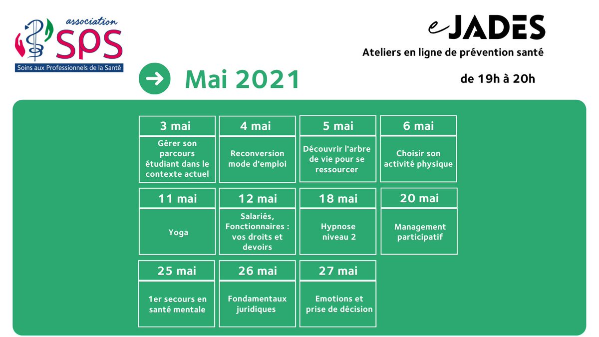 Planning des #eJADES du mois de mai ! 🗓 Les eJADES, ce sont des ateliers en ligne gratuits de prévention santé pour se ressourcer et aller mieux.
Programme - Inscriptions ➡  asso-sps.fr/ejades
Reservés aux professionnels de la santé et aux étudiants.