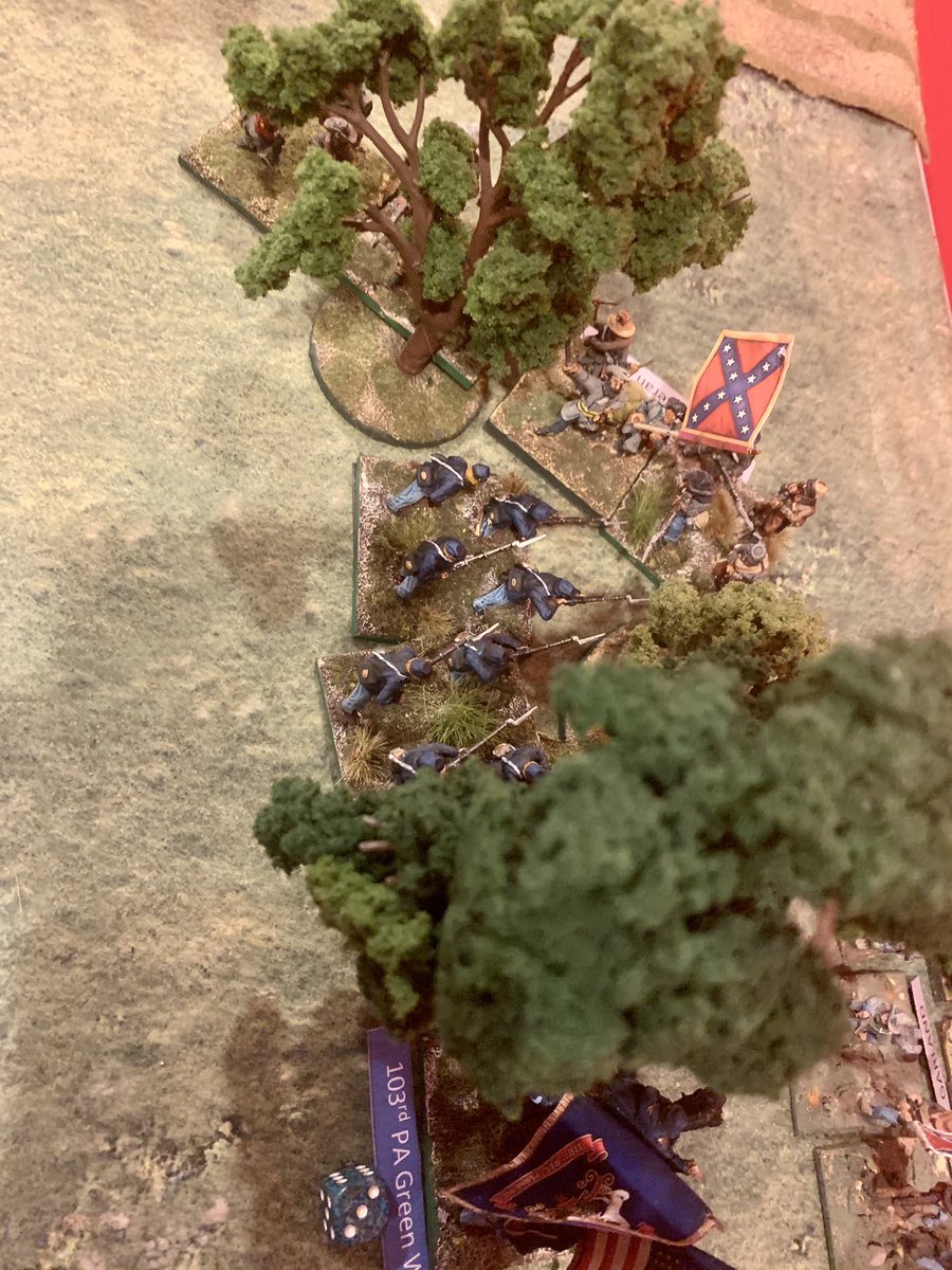 The poor 103rd PA is trying to hold of a brigade! Rebs win the initiative for turn 2, Garland’s 23rd NC flank charges the green Pennsylvanians and they run Whipped for the year, crossing the abatis like white tailed deer.  #ACW  #SevenPines