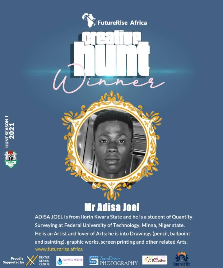 futurerise_'s tweet photo. FutureRiseAfrica as a whole will like to announce to the public that the Talent hunt season 1 came to an end and we have our winners. Congratulations to Mr Adisa Joel and Miss Ipadeola. #FutureRiseAfrica #talenthunt #arts #design #Photography #youth #MayDay #newmonth https://t.co/EBT6m27eoh