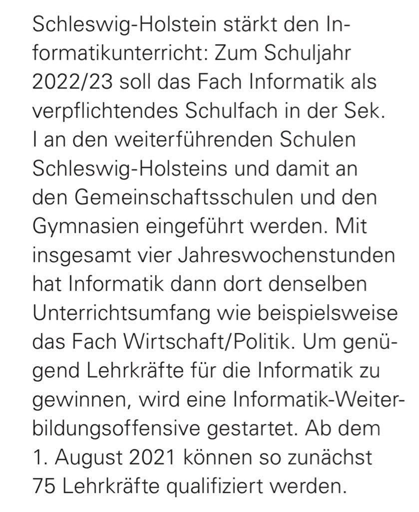 👩🏽‍💻👨‍💻Gute Nachrichten aus dem Norden: Schleswig-Holstein <a href="/Land_SH/">Schleswig-Holstein</a> führt ab dem Schuljahr 2022/23 das Fach Informatik verpflichtend für die Jahrgangsstufen 7 &amp; 8 ein. 
🍀🎊👍
#InformatKINDERschule 
#PflichtfachInformatik 
👉  schleswig-holstein.de/DE/Fachinhalte…