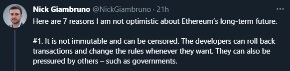 3/ i offer a quick rebuttal to each of these points below:#1 - Ethereum operates on rules of social consensus, just like Bitcoin. devs cannot rollback tx's. if 51% of node operators colluded , perhaps, but this the same as Bitcoin