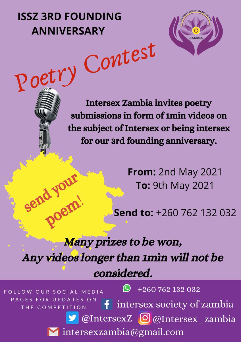 IntersexZ's tweet photo. Join us in Celebrating our 3rd Founding Anniversary. The Poetry Contest is limited to participants within Zambia.

 #ISSZAnniversary2021
 #IntersexLivesMatter
 #IntersexRightsAreHumanRights https://t.co/J3cew342xm