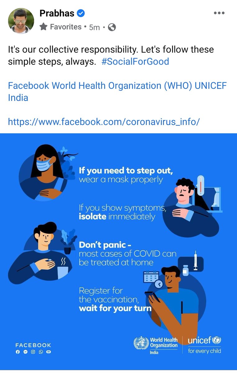 It's our collective responsibility. Let's follow these simple steps, always.  #SocialForGood - #Prabhas on FB,Insta

@WHO @UNICEF 
#WearAMask 
#StayHome