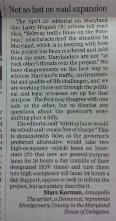 CivicValue's tweet photo. The latest rational plea from Delegate @mkorman in today's @Washingtonpost to keep all P3 495/270 actors &amp; concerned residents on the straight &amp; narrow, with facts not fiction, supporting well-informed pathways to progress. https://t.co/X5nKrSGd7f