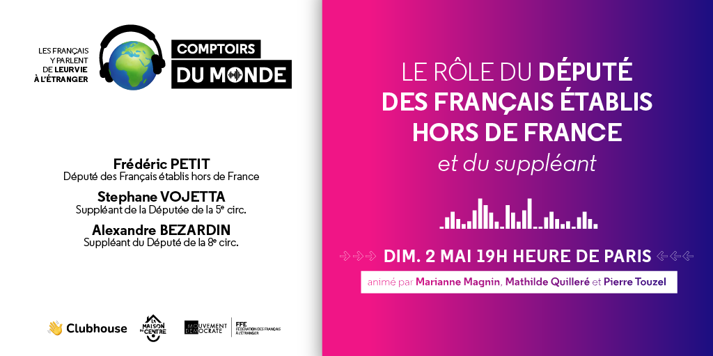 MoDem_MDFE's tweet photo. 🙋‍♀️ Vous souhaitez en savoir davantage sur les députés des Français établis hors de France ?

🎤 Demain soir à 19h (heure de Paris), nous animons sur #clubhouse une édition spéciale a/ @fpetitAN, @Svojetta54 &amp; @ABezardin

👋 Participez à la discussion ici : https://t.co/x7LTTUl9Mm https://t.co/BihS6lAEmO