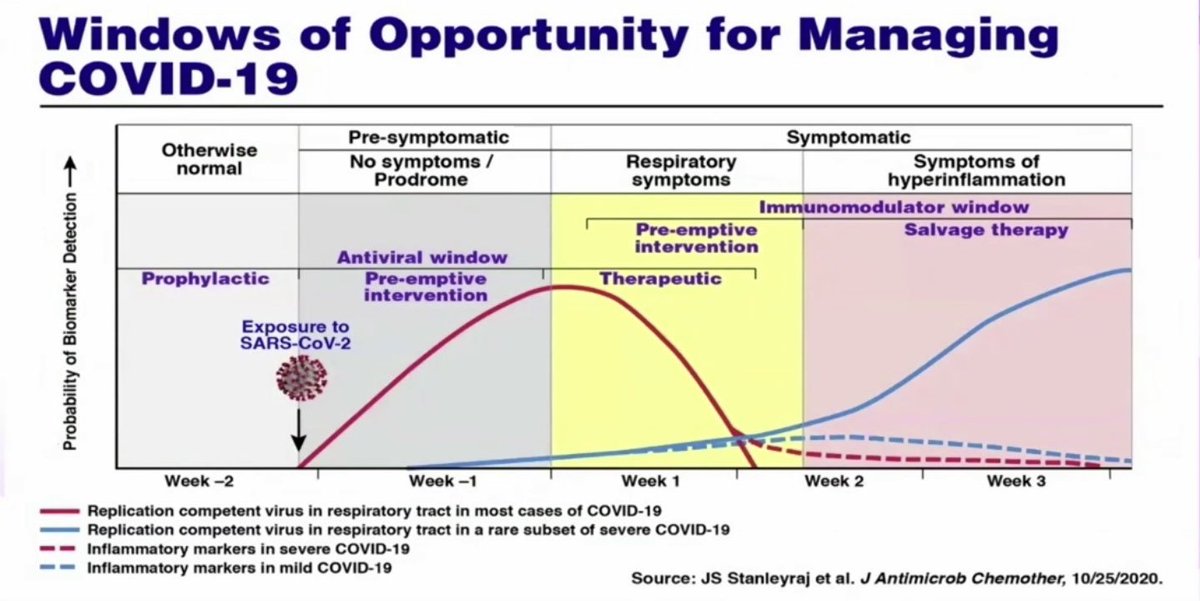 This visual shows the presymptomatic, symptomatic COVID-19, and post acute phases. Not all people go through the later phases. You can see the windows of opportunity for various therapeutics. It explains why no single drug is a magic bullet. (Source J. Antimicrob. Chemother.)
