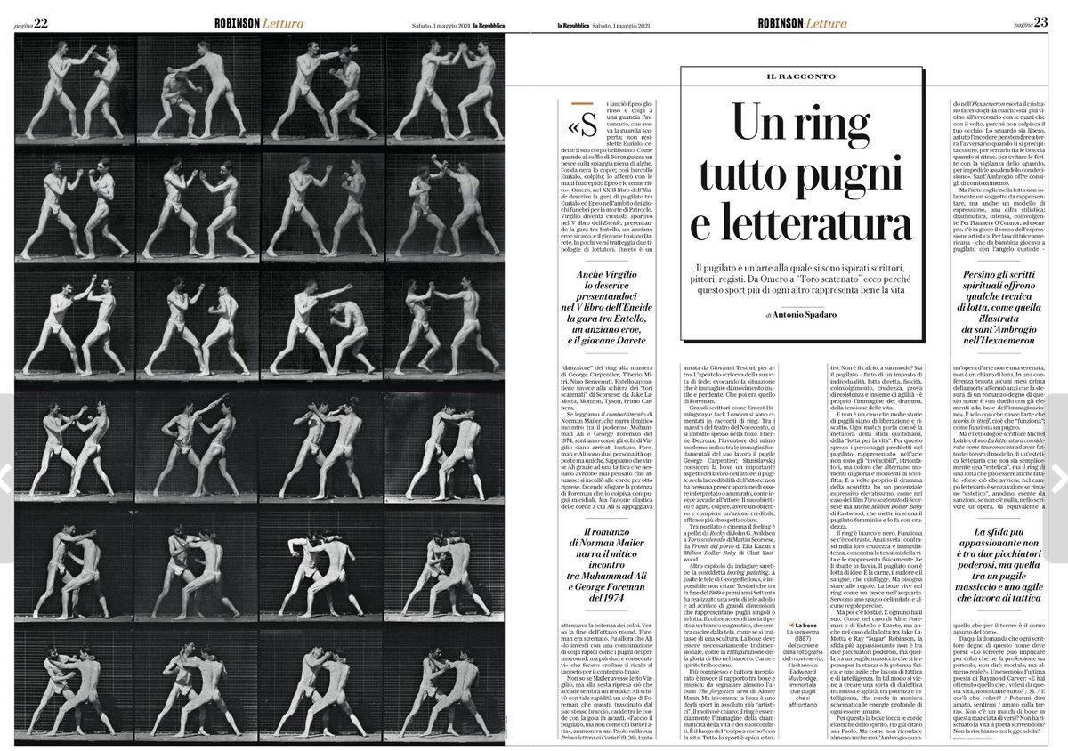 Oggi su Robinson di #Repubblica una mia riflessione sul #pugilato come rappresentazione della vita tra *letteratura, cinema, pittura*: da Omero a San Paolo, da sant’Ambrogio a Toro scatenato, da Virgilio a Million dollar baby. Il ring è bianco e nero. Funziona se c’è contrasto.