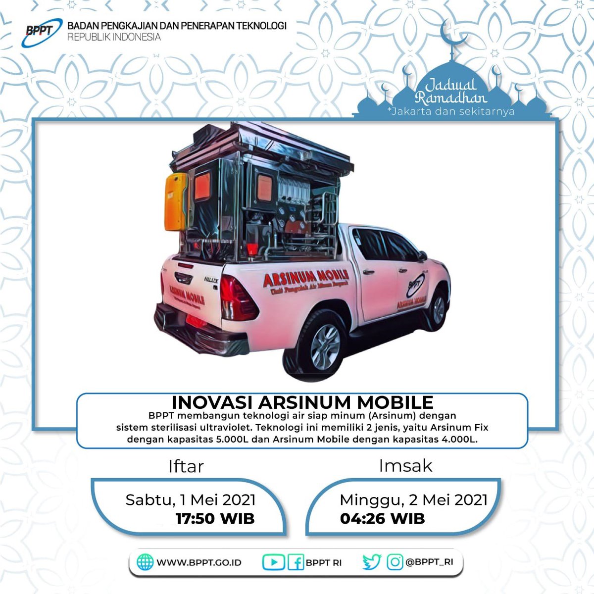 BPPT_RI's tweet photo. Assalamualaikum Teknopren! #RamadhanSeriesBPPT kembali lagi untuk menemani puasa kamu. Edisi kali ini tentang air siap minum atau Mobile ARSINUM yg  dapat memenuhi kebutuhan air bersih di wilayah terdampak bencana

#BanggaInovasiIndonesia https://t.co/0DsjI4070X