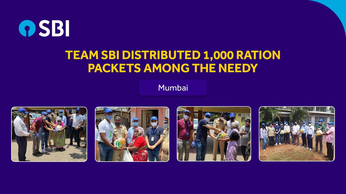 On the occasion of Labour Day, SBI staff distributed around 1,000 ration packets among the needy in Mumbai with the help of NGOs and Mumbai Police. 

#CSR #Mumbai #TeamSBI #RationPackets