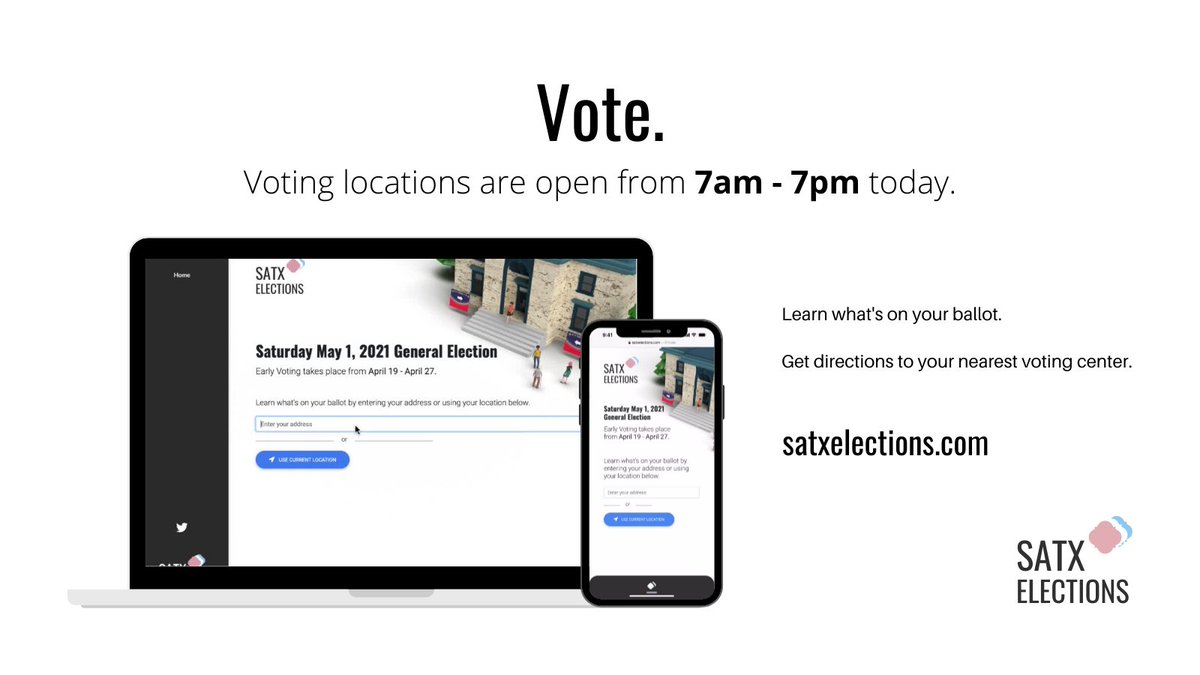 SATXElections's tweet photo. Today is Election Day! 🗳️
Learn what's on your ballot and get directions to your nearest voting center with https://t.co/Vy4tF6LtNg. https://t.co/46r3hmKNtG