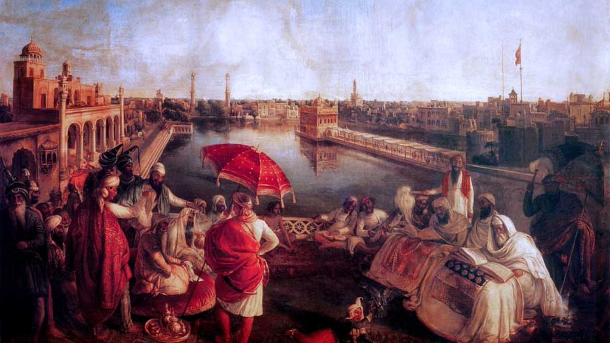 1/ This super long  #thread outlines the encounter between  #Nahungs and the Hungarian painter August Theodor Schoefft, whilst he was painting Harmandir Sahib.