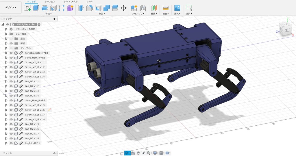 robotakao's tweet image. 久々に #Fusion360 でモデル修正。前回の試作時に出てきた様々な不具合を修正。特にサーボ変えたために、ミリ単位で直さないといけない部分が多数。連休中にどこまで3Dプリントできるかな。 #quadrupedrobot #四脚ロボット #M5Atom #M5Stack #robot #ロボット