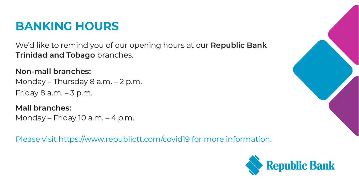 republicbanktt's tweet photo. We would like to encourage customers to use our 'No Touch' options such as telephone, email, FaceTime and WhatsApp in replacement of in-branch interviews. Thanks for your kind cooperation. #StaySafe #DigitalOptions #RBLCares😇 https://t.co/q5mj7ZQ6tc
