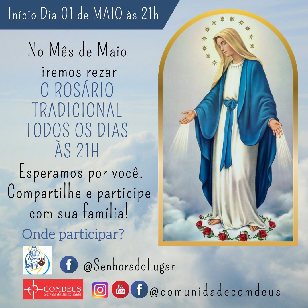 comdeus's tweet image. Maratona de Oração no Mês de Maio

O Papa Francisco convoca 30 dias de oração em maio, mês de Maria, pelo fim da pandemia! 

🗓 Início dia 01/05 - Sábado 
🕘 Às 21h00
🔗  Redes sociais @comunidadecomdeus  e @SenhoradoLugar

😇 Compartilhe e 👨‍👩‍👧‍👦 participe com sua família!