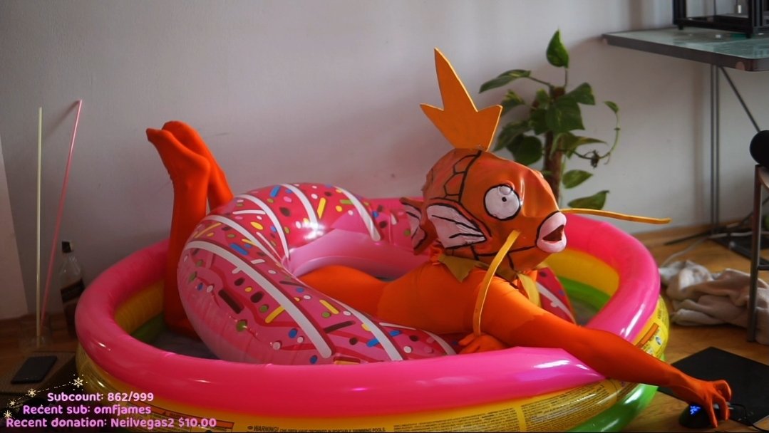 Twitch streamer Shaperka dressed as Magikarp on her hot tub stream