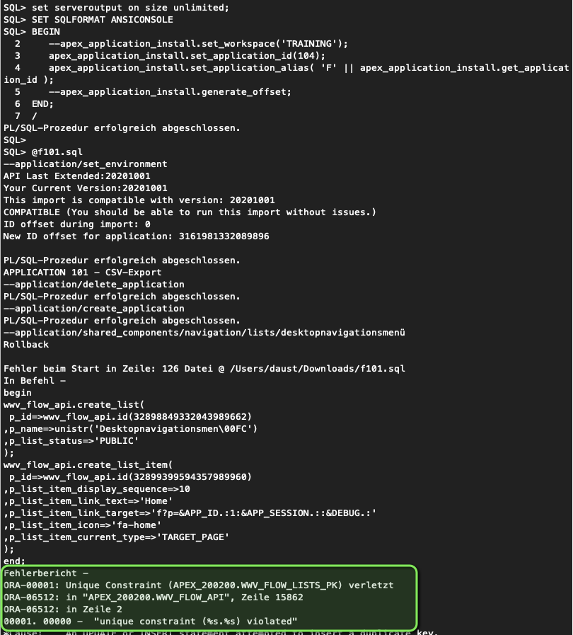daust_de's tweet image. How come #sqlcl suppresses ORA- messages whereas they are shown in sqlplus. The example shows installing an #orclapex app. @oraclesqlcl @OracleAPEX
It seems to be related to "set feedback off", then it shows the error in sqlcl as well.