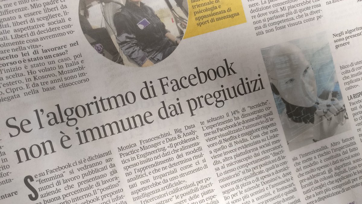 Oggi su <a href="/ilmessaggeroit/">Il Messaggero</a> parliamo di #ai e rischio di #disparitàdigenere con un commento di <a href="/twittmonique/">monica franceschini</a> 
#inedicola
