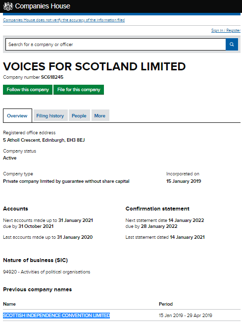 He was also the Director of "Voices For Scotland" - which was earlier called ... "Scottish Independence Convention Limited" 7/8 http://web.archive.org/web/20210501122755/https://find-and-update.company-information.service.gov.uk/company/SC618245