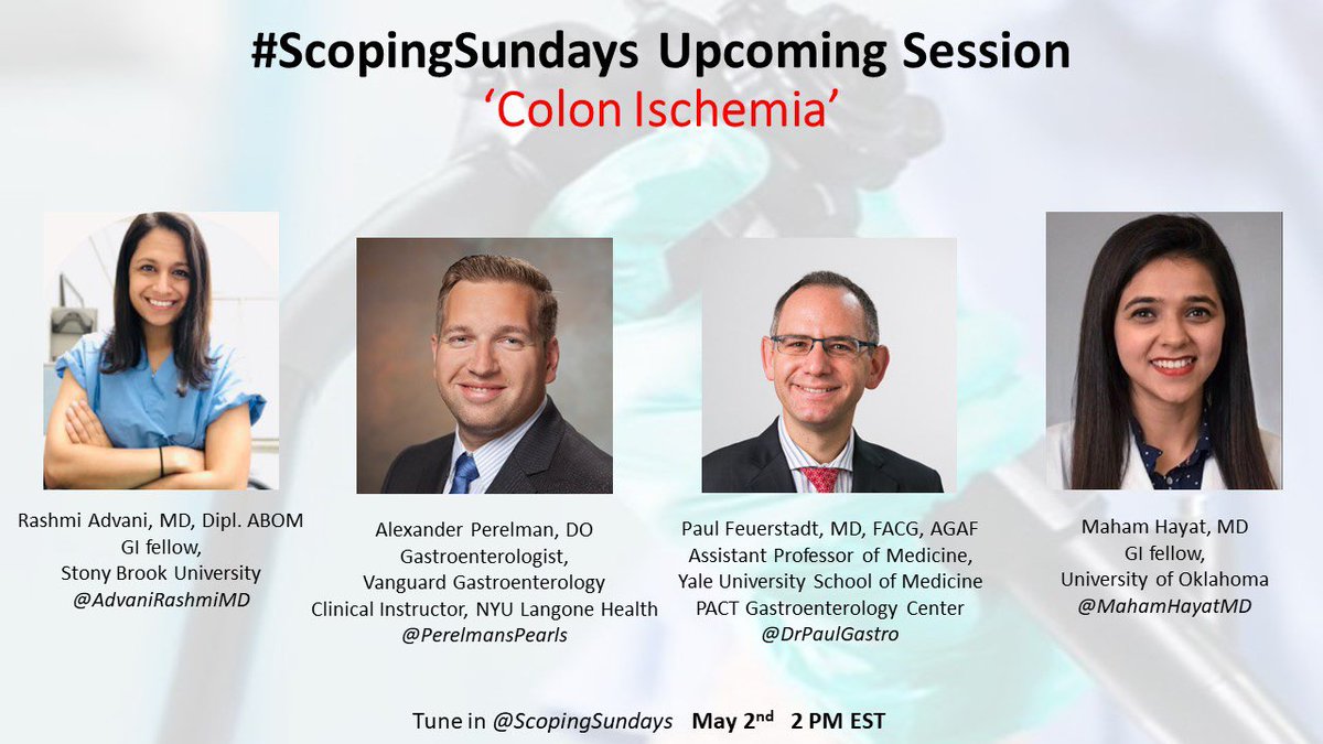 #ScopingSundays (@scopingsundays) on Twitter photo No #GIList is complete without a consult for “Colon Ischemia”!
Join us tomorrow for the upcoming #ScopingSundays session to learn some pearls & share your tips & tricks!
Moderated by <a href="/AdvaniRashmiMD/">Rashmi Advani, MD, ABOM</a> & <a href="/MahamHayatMD/">Maham Hayat, MD</a> - & our Expert Guests <a href="/PerelmansPearls/">Alex Perelman</a> & <a href="/DrPaulGastro/">Dr Paul Gastro</a>! No #GIList is complete without a consult for “Colon Ischemia”!
Join us tomorrow for the upcoming #ScopingSundays session to learn some pearls & share your tips & tricks!
Moderated by <a href="/AdvaniRashmiMD/">Rashmi Advani, MD, ABOM</a> & <a href="/MahamHayatMD/">Maham Hayat, MD</a> - & our Expert Guests <a href="/PerelmansPearls/">Alex Perelman</a> & <a href="/DrPaulGastro/">Dr Paul Gastro</a>!