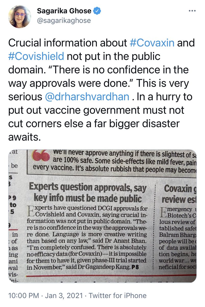 [16/n] Sagarika Ghose (Alleged Journalist) “In a hurry to put out vaccine government must not cut corners else a far bigger disaster awaits.” (Jan 3, 2021)  #VaccineNaysayers