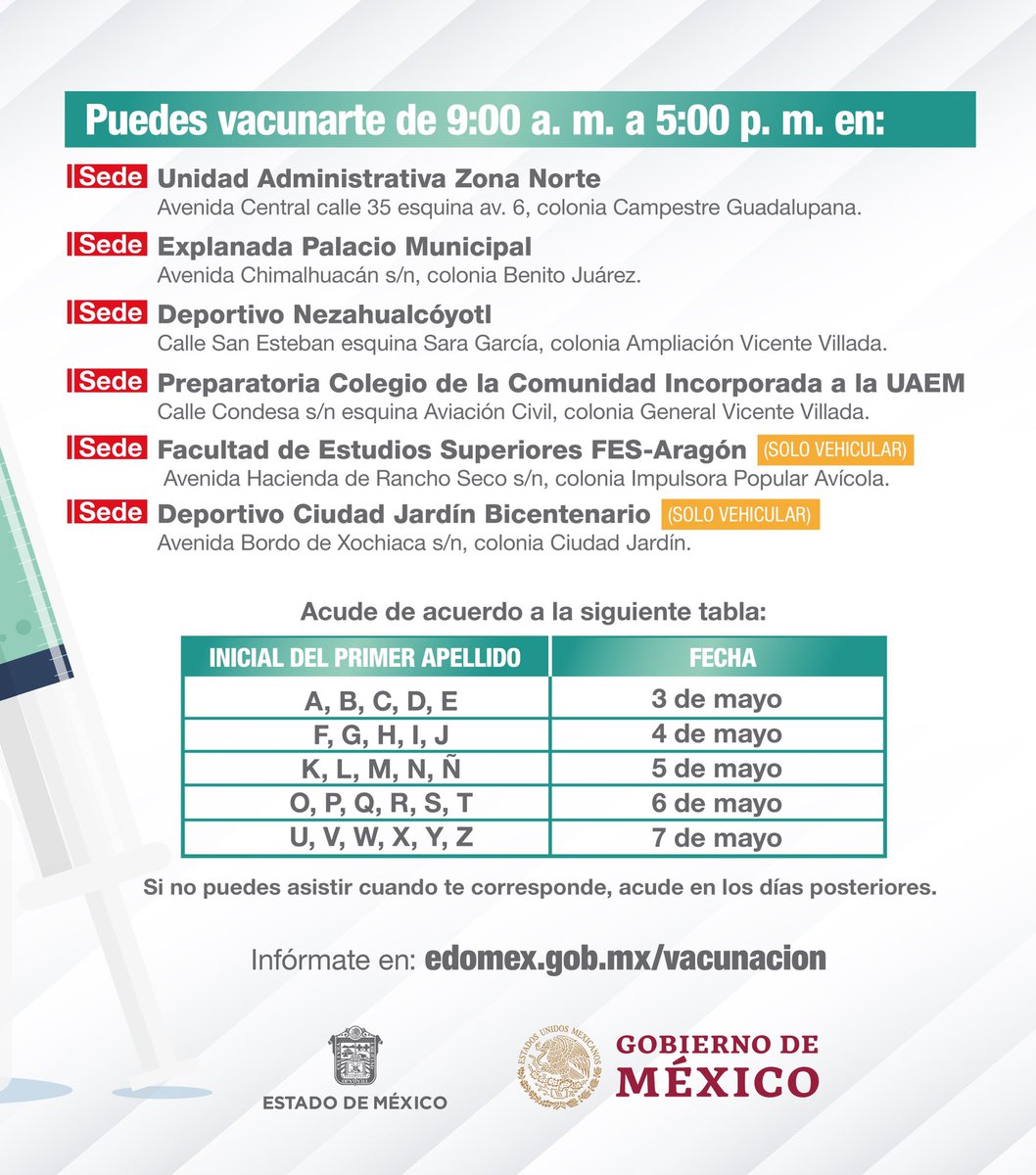 Alfredo Del Mazo Del 3 Al 7 De Mayo Estaremos Aplicando La Segunda Dosis A Los Adultos Mayores En Nezahualcoyotl Estrategiadevacunacion T Co Gjncixyepe