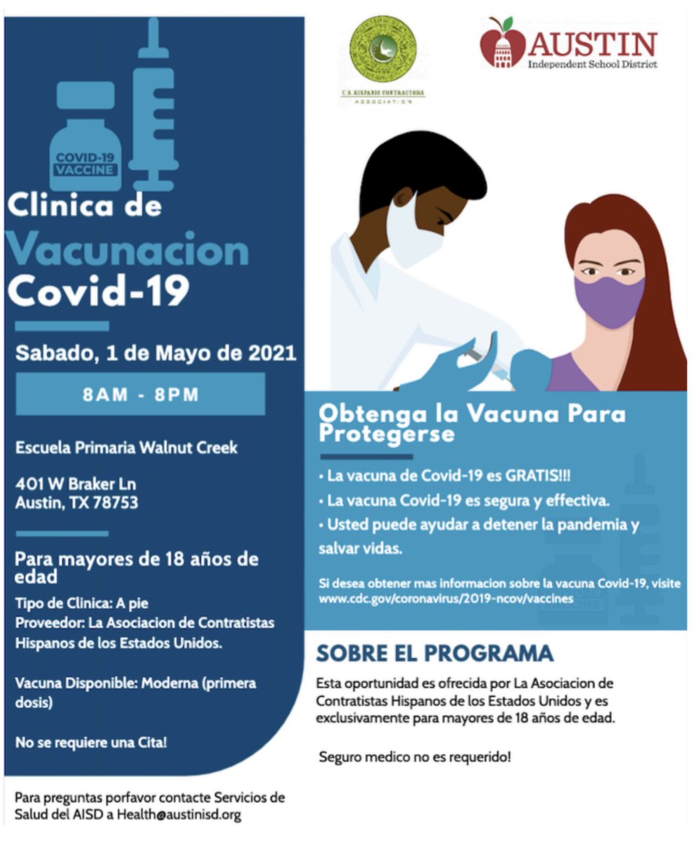 AustinVoices's tweet photo. COVID Vaccination Clinic Today @WalnutCreekECP 8am-8pm! Free for adults 18 years and older. Walk-in, no registration necessary. Sponsored by @USHCAdeAustin and @AISDHealth @AISDCommSchools https://t.co/biprbHqnO2