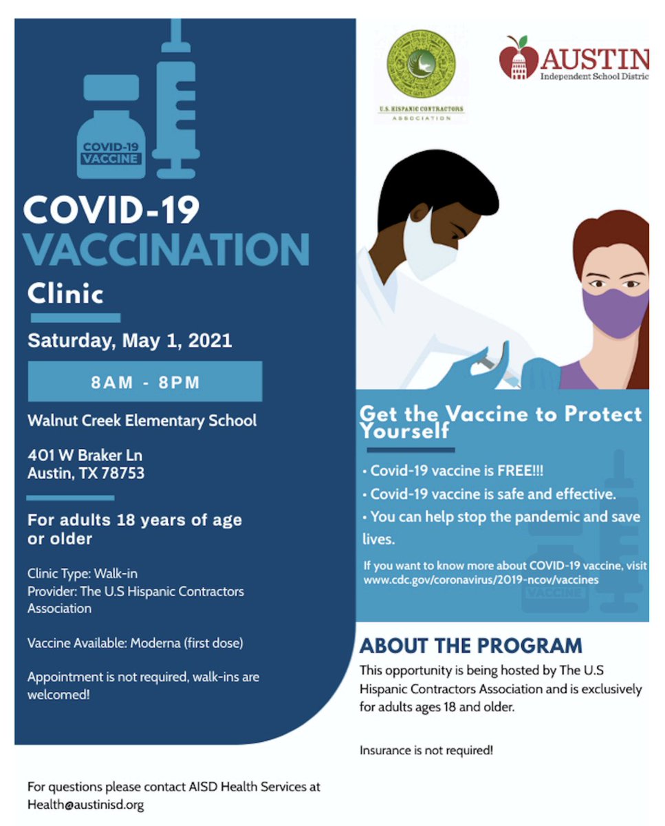 AustinVoices's tweet photo. COVID Vaccination Clinic Today @WalnutCreekECP 8am-8pm! Free for adults 18 years and older. Walk-in, no registration necessary. Sponsored by @USHCAdeAustin and @AISDHealth @AISDCommSchools https://t.co/biprbHqnO2