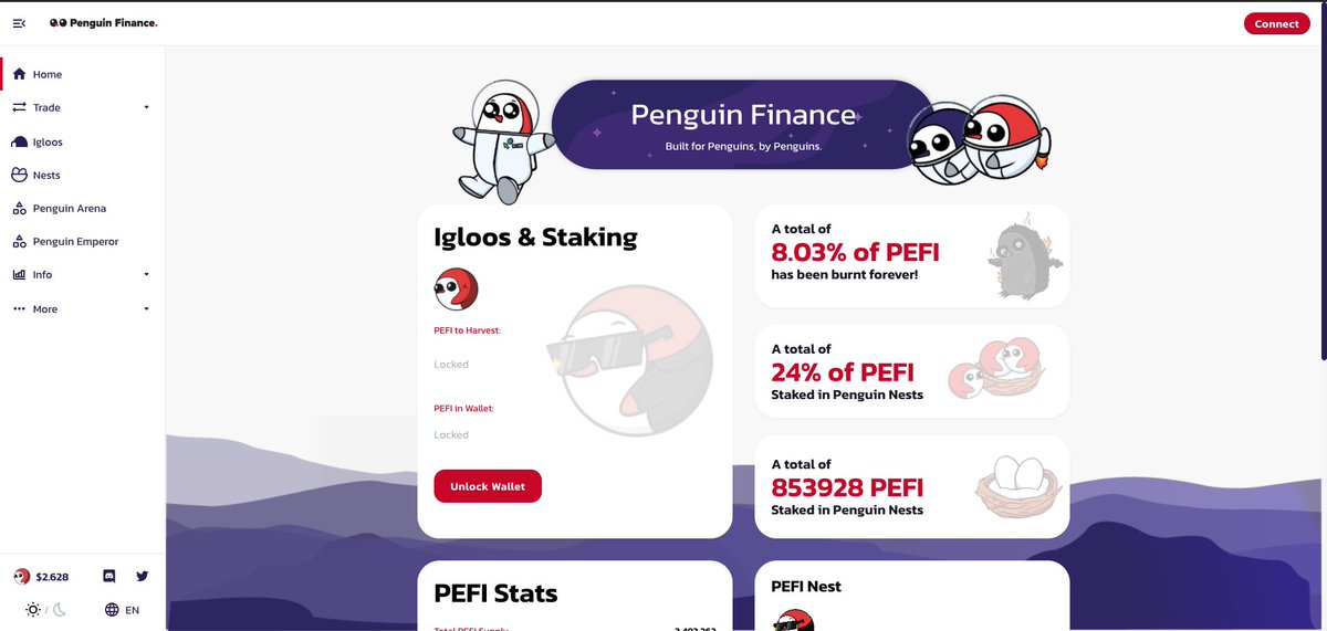 On va parler de  @penguin_defi , c’est une Dapp sur Avalanche qui propose du farming de PeFi, du staking de PeFi ainsi que des applications assez sympas qui changent de l’ordinaire, avec une superbe charte graphique et un site assez bien fait.    https://penguinfinance.org/ 