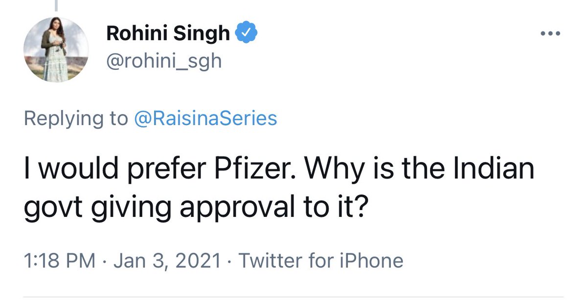 [17/n] Rohini Singh (Alleged Journalist) Tried all in her power to cast aspersions over Bharat Biotech’s Covaxin and even when on to say “What is the problem in giving Pfizer and Moderna vaccines approvals for use in India?” .. “I would prefer Pfizer.”  #VaccineNaysayers