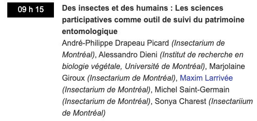 AP_drapic's tweet photo. Au programme du colloque sur le monitoring citoyen lundi! Joignez-vous à nous 🦋😎🦟🪰🪳🦗🐞🐜 #AcfasC429 #AcfasScSociales @_Acfas @EspacePourLaVie https://t.co/MEvA7Kq089