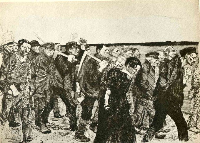 womensart1's tweet photo. Käthe Kollwitz, German artist who often depicted the plight of the working classes. March of the Weavers, from the series Weaver's Revolt (1893-1897) #womensart #Mayday https://t.co/nYbDB3qYaz
