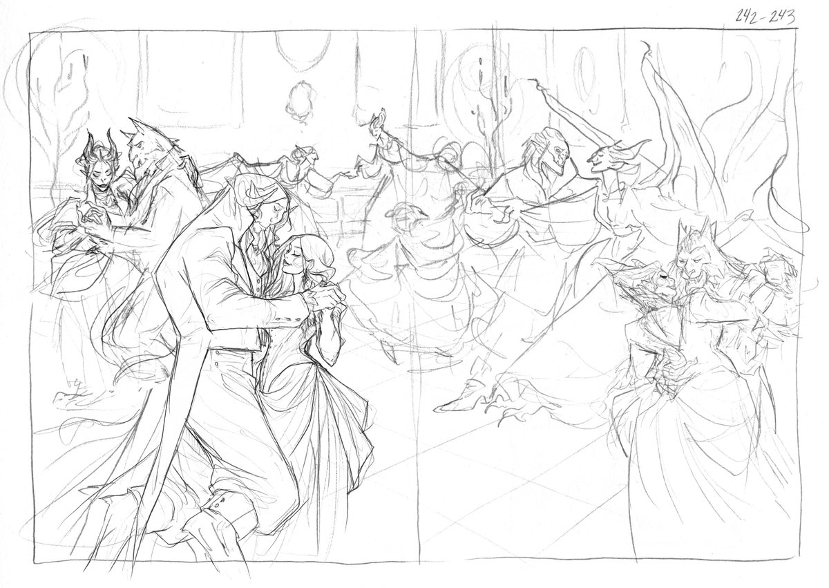 The rough, and the digital sketch - I had to scrap it a couple of times before it felt right. The biggest thing was to just lower the horizon line. Then I arranged the characters to get the focus on Livia and Grim, but still have the viewer's eye wander around at everyone else 🖤 