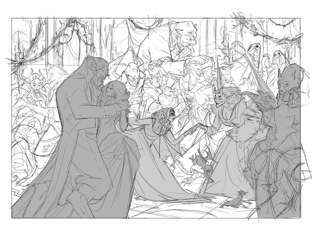 The rough, and the digital sketch - I had to scrap it a couple of times before it felt right. The biggest thing was to just lower the horizon line. Then I arranged the characters to get the focus on Livia and Grim, but still have the viewer's eye wander around at everyone else 🖤 