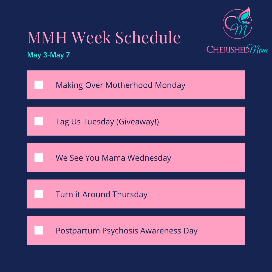 Happy May! it is Maternal Mental Health Month! We will elevate the conversation around MMH and we invite you to join us! May 3rd-7th is MMH week so we’ve outlined our schedule for you.

#maternalMHmatters #maternalmentalhealth #MMHWeek2021 #postpartumpsychosis