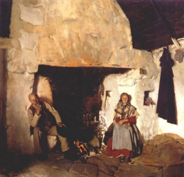 Bonfires were the ritual cleansing aspect of the celebration. Flames were brought home & used to light the family fire & tapers (an early form of candle) as part of the ceremony. Even the ash of the fire had magic properties. (Orpen, Cottage Interior)