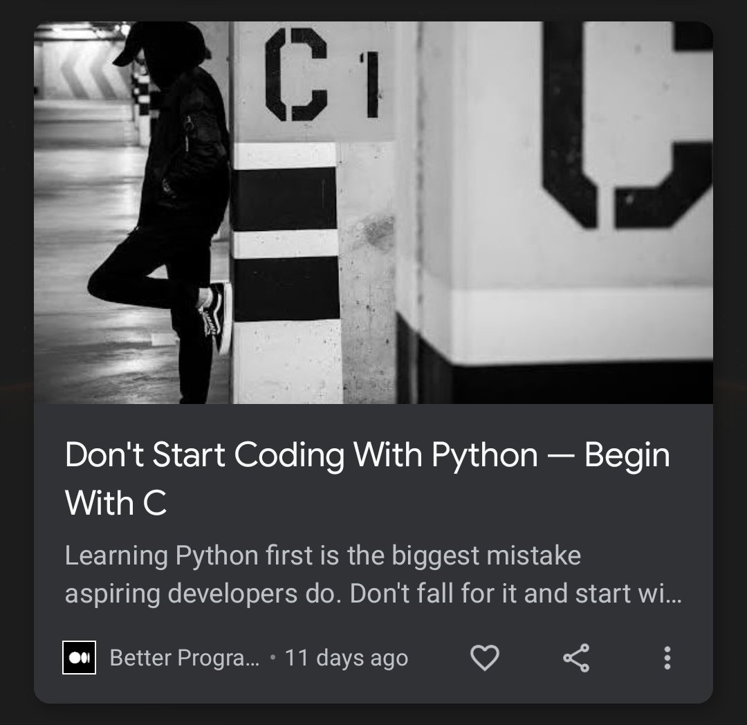 DasSurma's tweet image. Today in &quot;nope&quot;: An article featuring gems like

&quot;C is a mid-level programming language&quot;

&quot;C developers are known to craft comparatively organized, clean code&quot;

&quot;The most popular Python implementation is in C. […] C knowledge would come in handy when deciphering Python code.&quot;