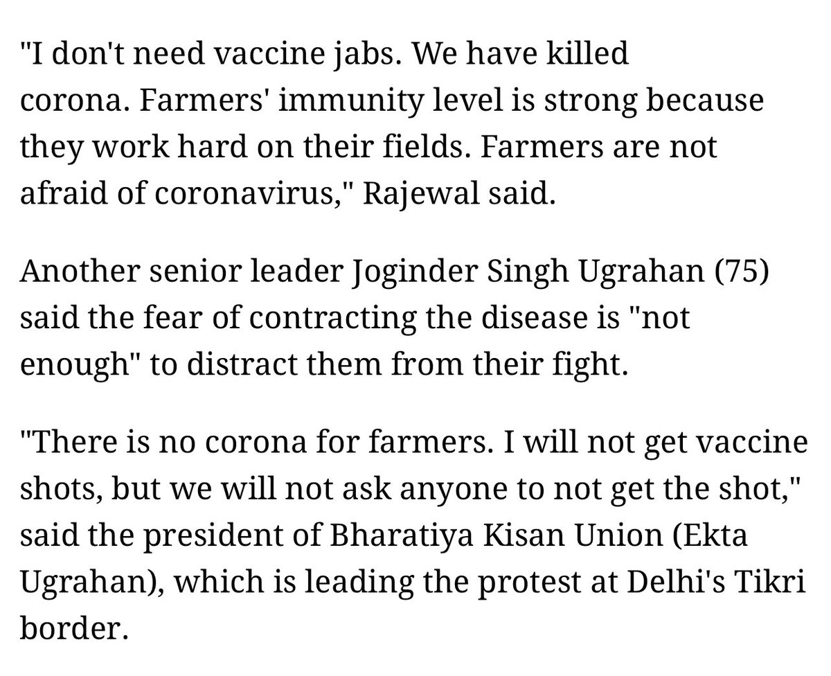 [18/n] Balbir S Rajewal (SKM, So called Farmer Leader) Joginder S Ugrahan (BKU (Ekta Ugrahan))"I don't need vaccine jabs. We have killed corona. Farmers' immunity level is strong because they work hard on their fields. Farmers are not afraid of coronavirus"  #VaccineNaysayers