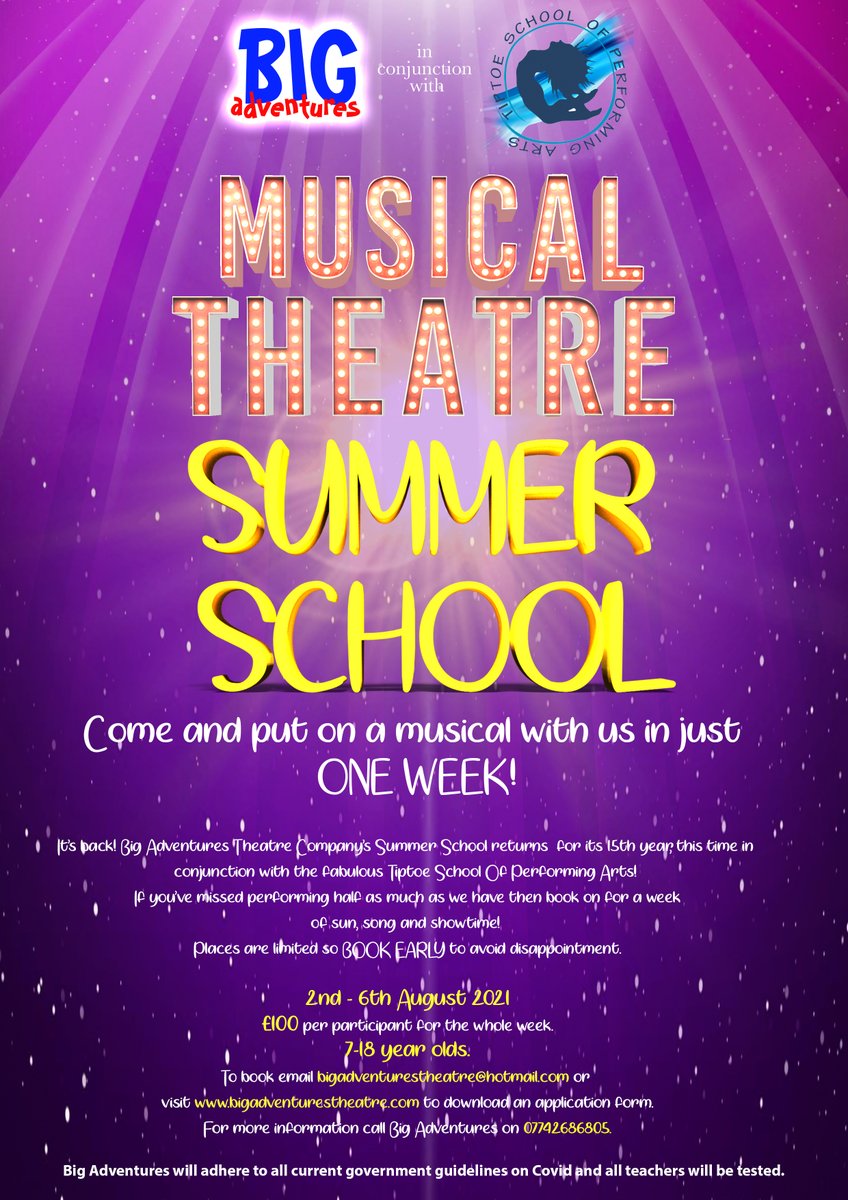 If you are (or you know someone who is) between 7 and 18 years of age, then apply for a place on our Summer School, running this year in conjunction with Tiptoe School of Performing Arts at their brand new studios. Apply at bigadventurestheatre.com