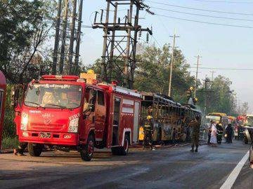 YBS buses were burned down at the top of KyaukLann st, Yangon this morning. The reason behind this is still in investigation. #May1Coup #WhatsHappeningInMyanmar